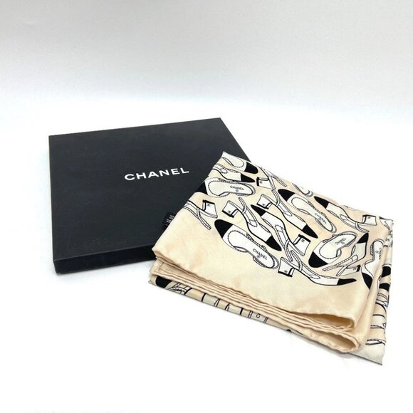 CHANEL Pump motif Apparel Accessories Stole/Shawl Large Scarf silk Beige/Black - Picture 11 of 11